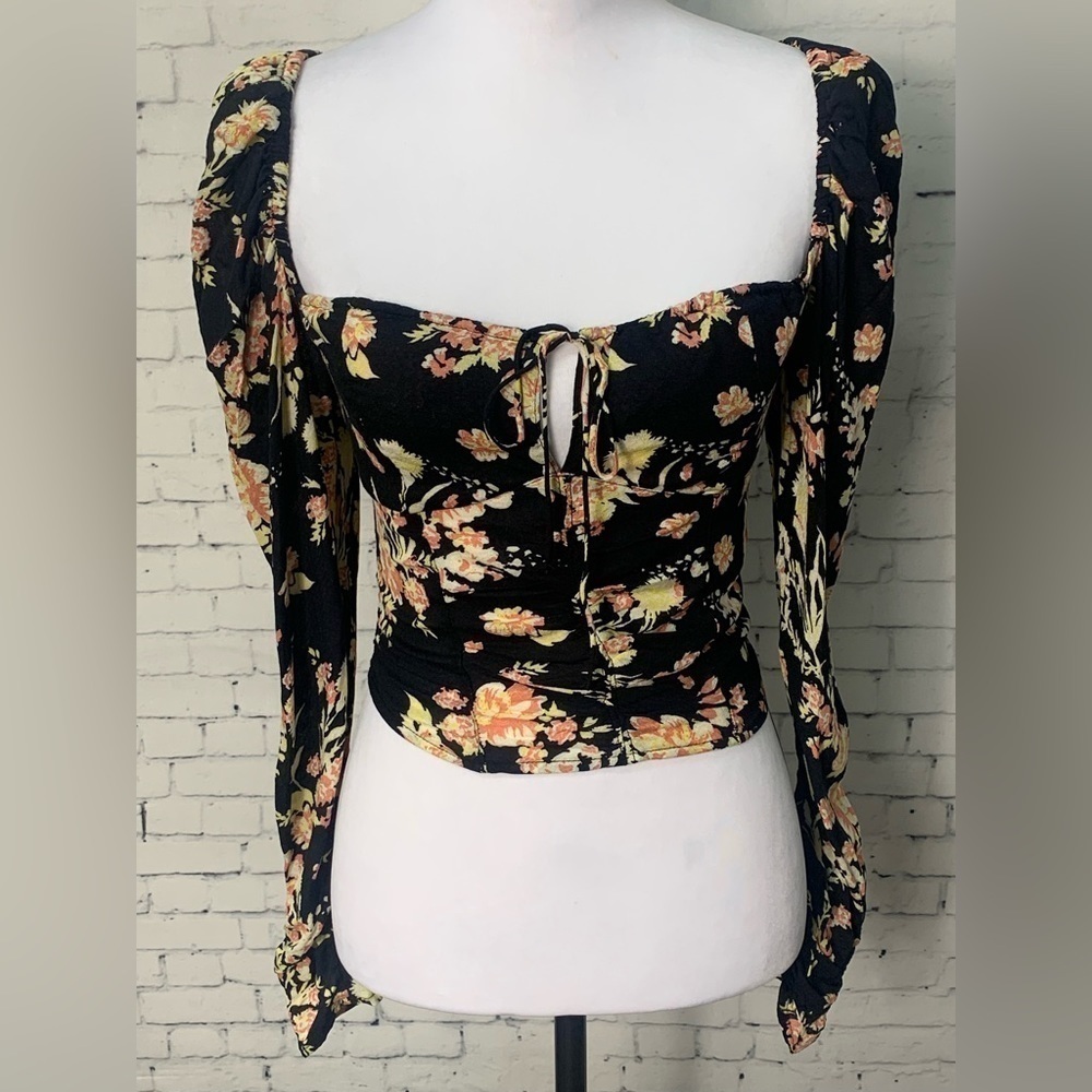 Free People Hilary Print Top Black Combo Shirt Crop Long Sleeve Blouse XS